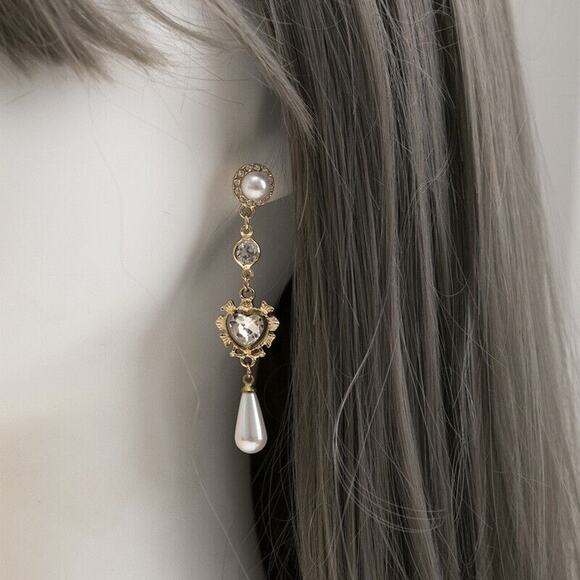 Sweet Heart Shape Artificial Pearls Gold Tone Rhinestone Dangly Earrings Boho - Picture 1 of 8